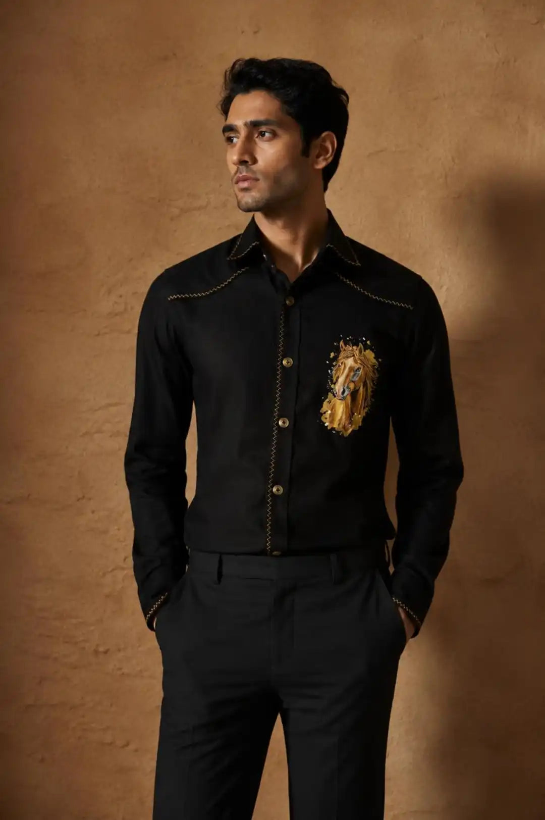 Hand painted black shirt Decorative stitch detailing  Shaded buttons  Painting motif - horse