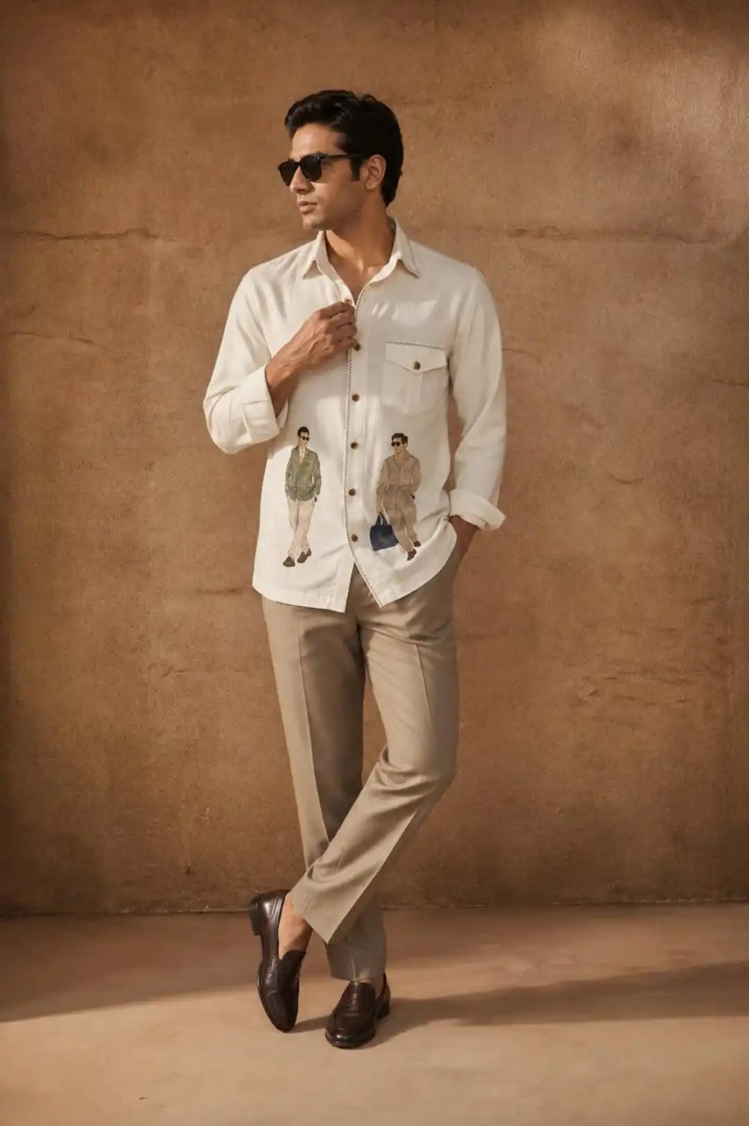 Linen hand-painted shirt with contrast zigzag stitch detailing