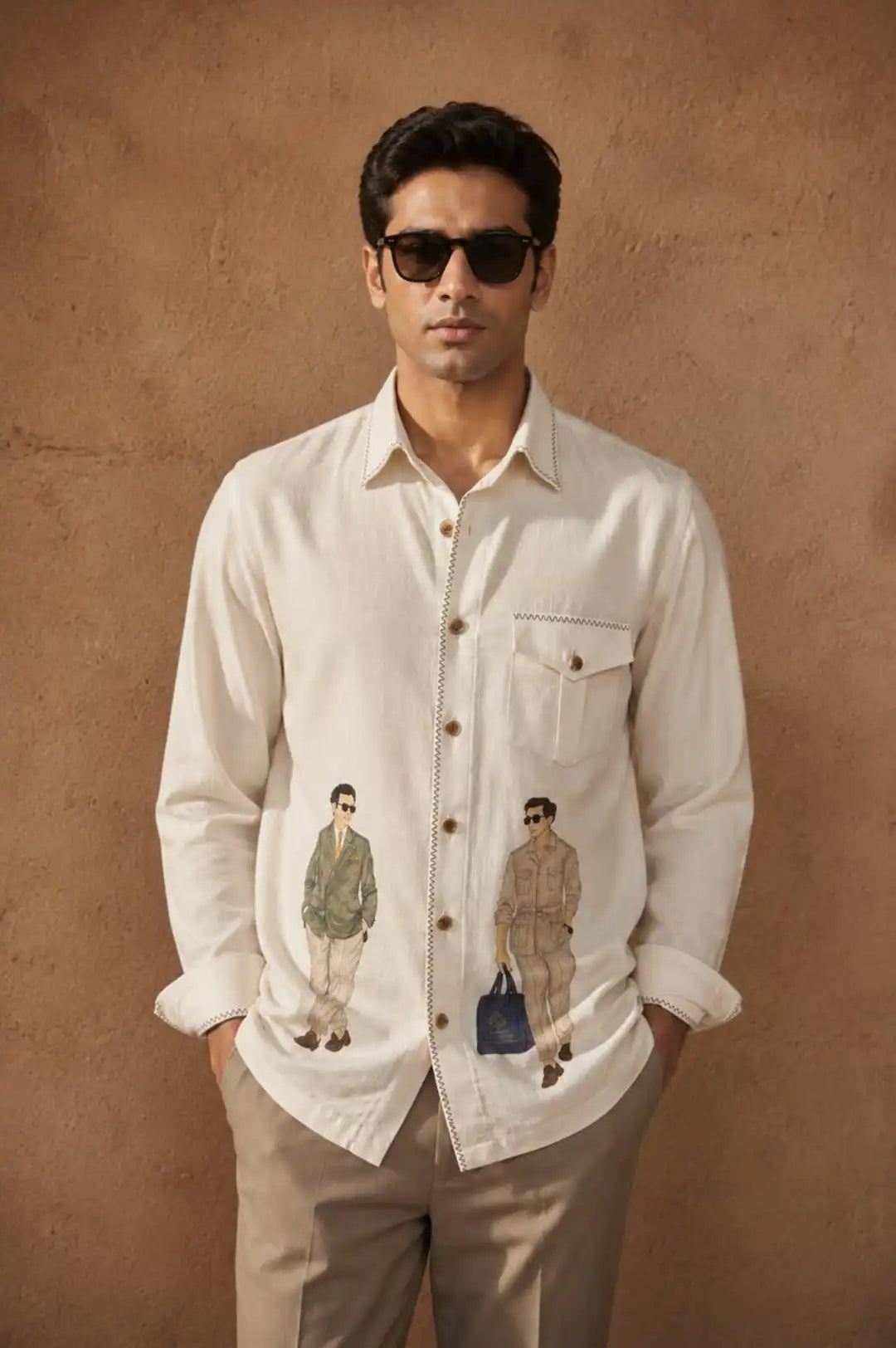 Linen hand-painted shirt with contrast zigzag stitch detailing