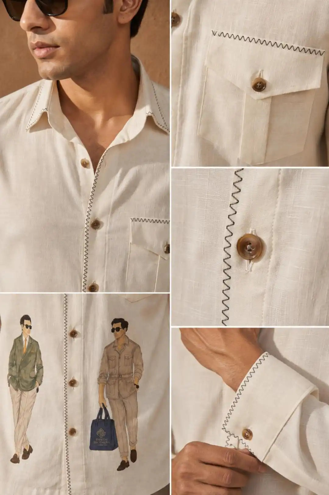 Linen hand-painted shirt with contrast zigzag stitch detailing