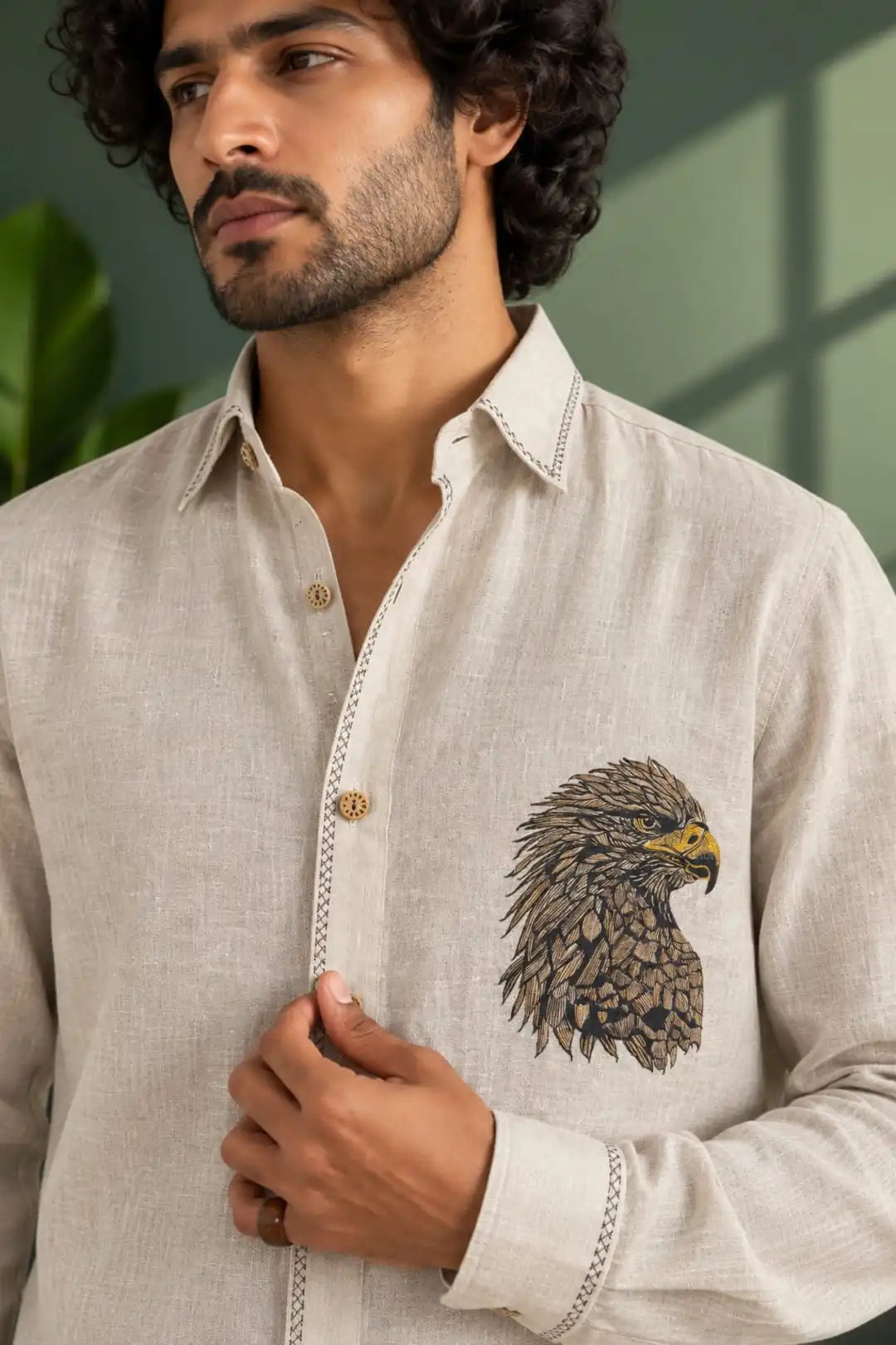Natural linen hand painted shirt with Decorative stitch detailing