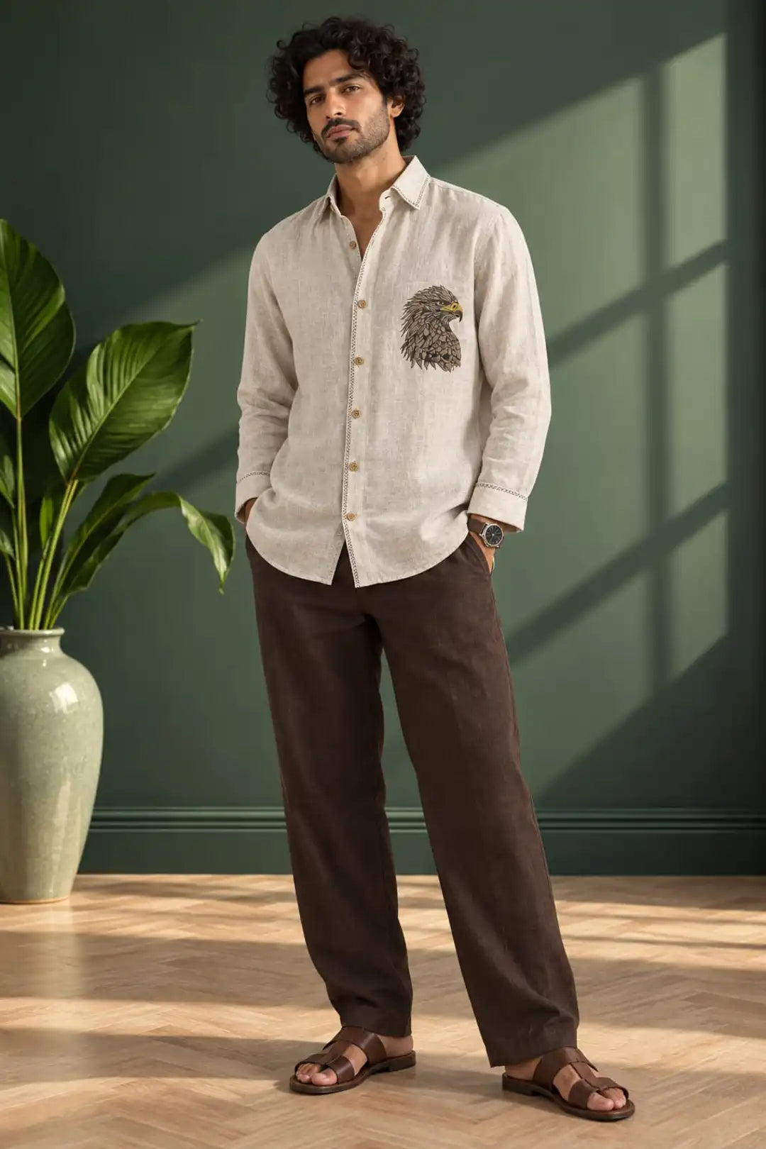 Natural linen hand painted shirt with Decorative stitch detailing