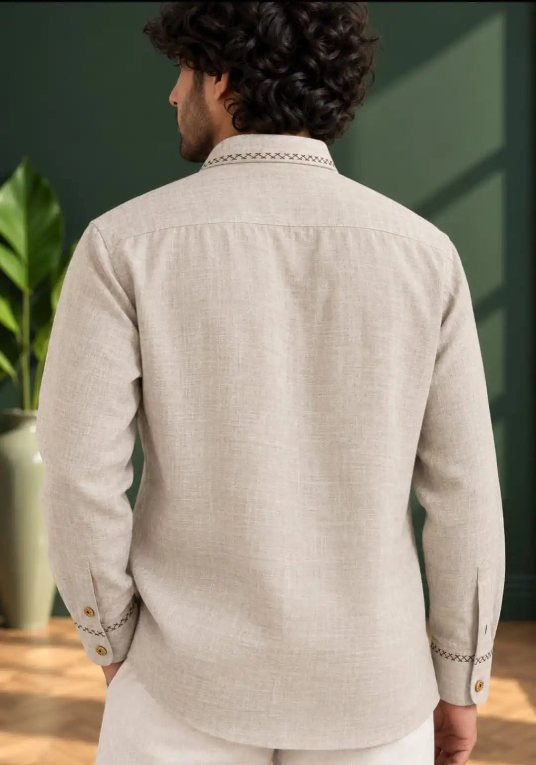 Natural linen hand painted shirt with Decorative stitch detailing
