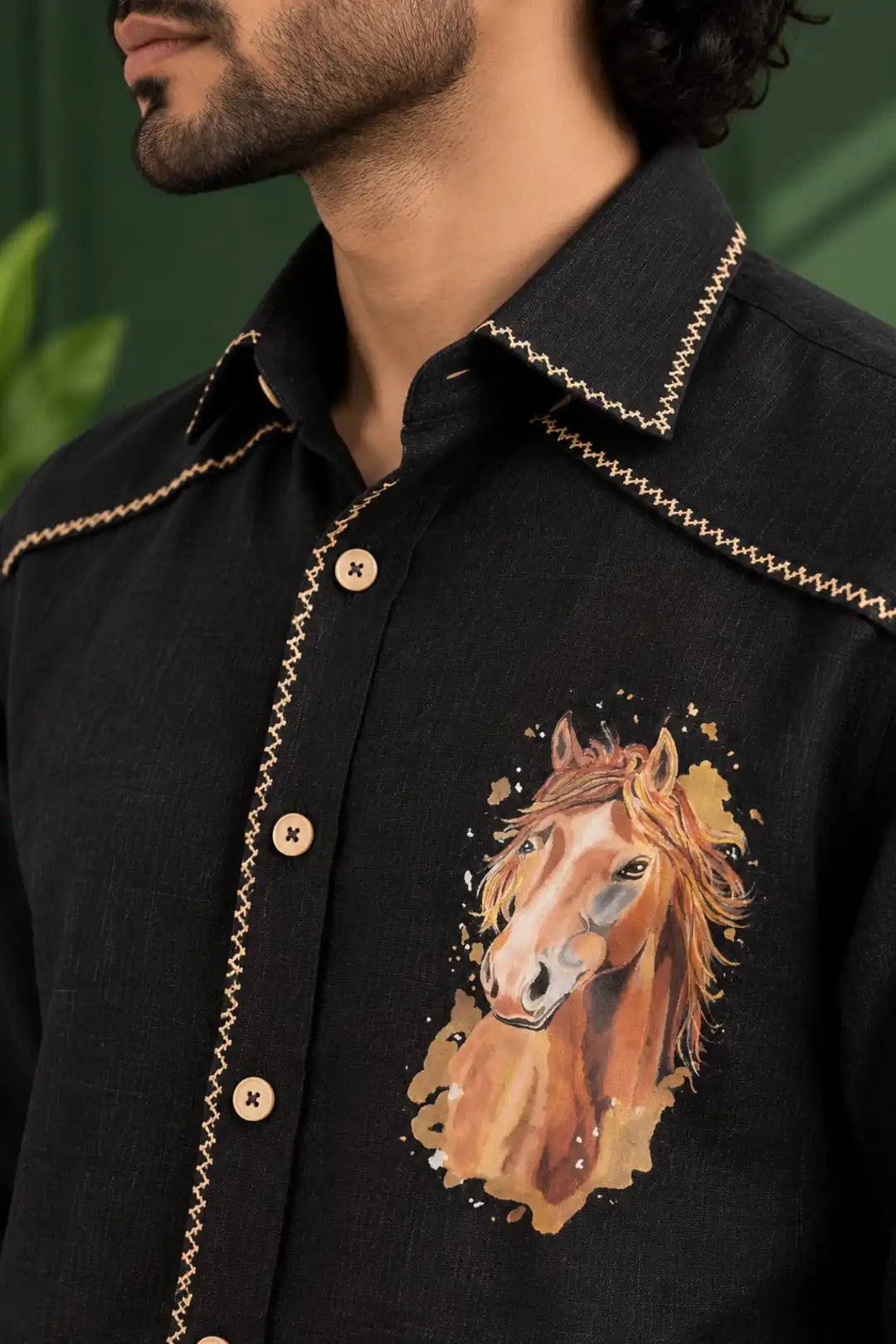 Hand painted black shirt Decorative stitch detailing  Shaded buttons  Painting motif - horse