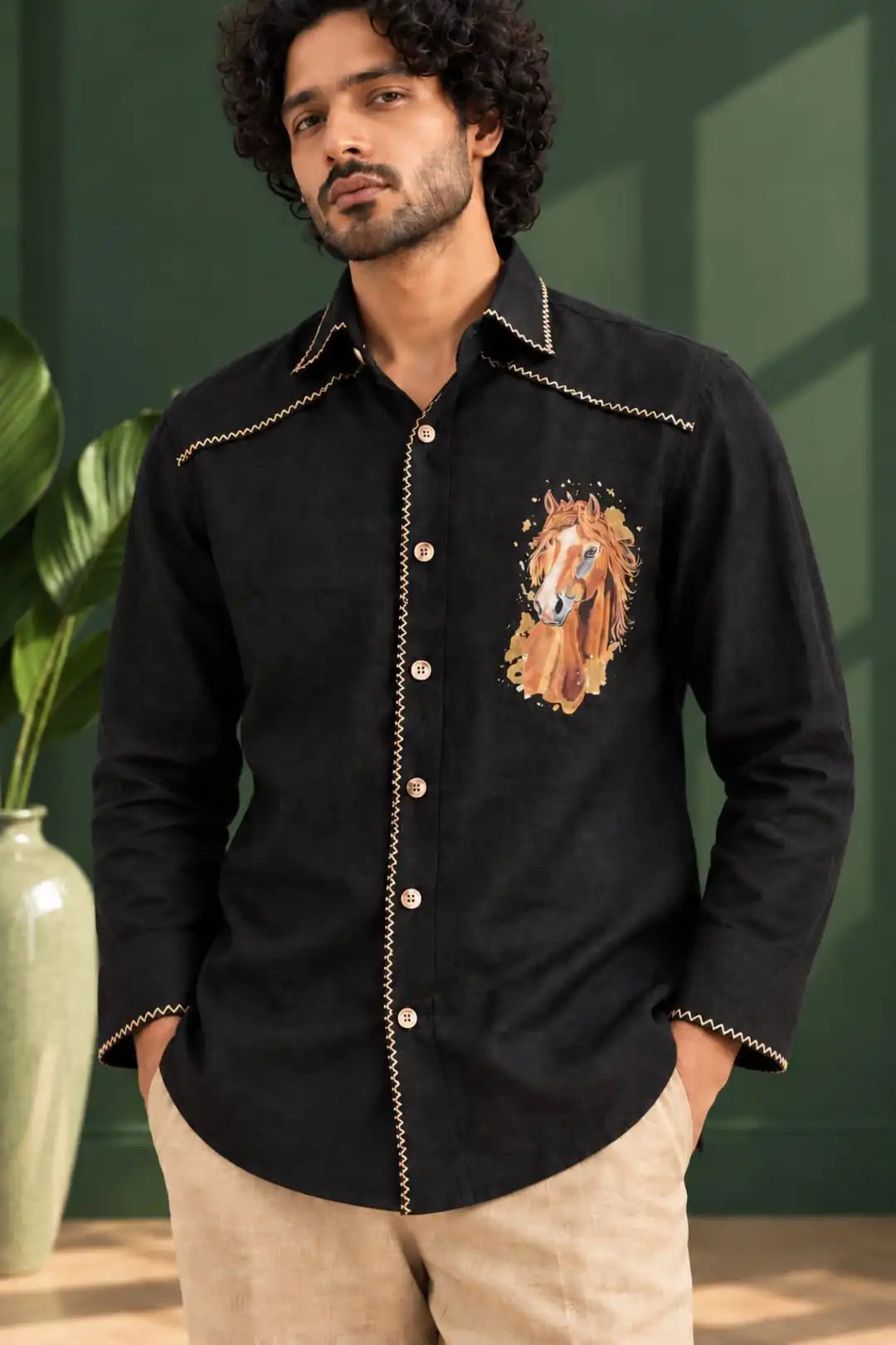 Hand painted black shirt Decorative stitch detailing  Shaded buttons  Painting motif - horse
