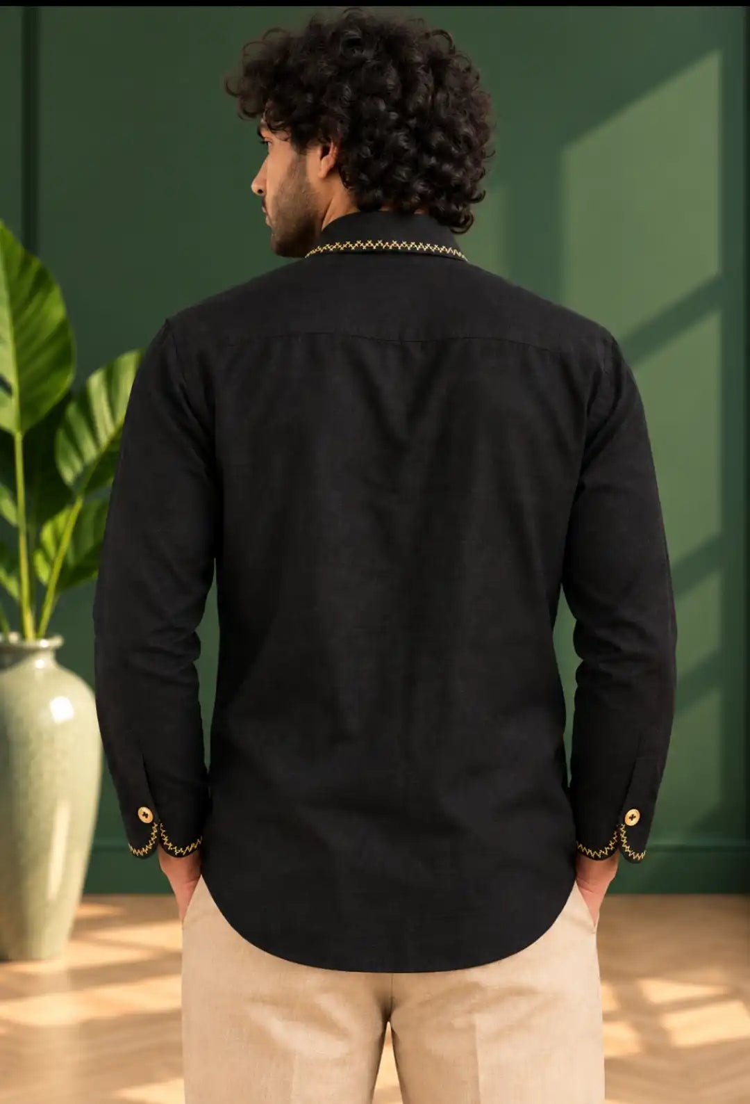 Hand painted black shirt Decorative stitch detailing  Shaded buttons  Painting motif - horse