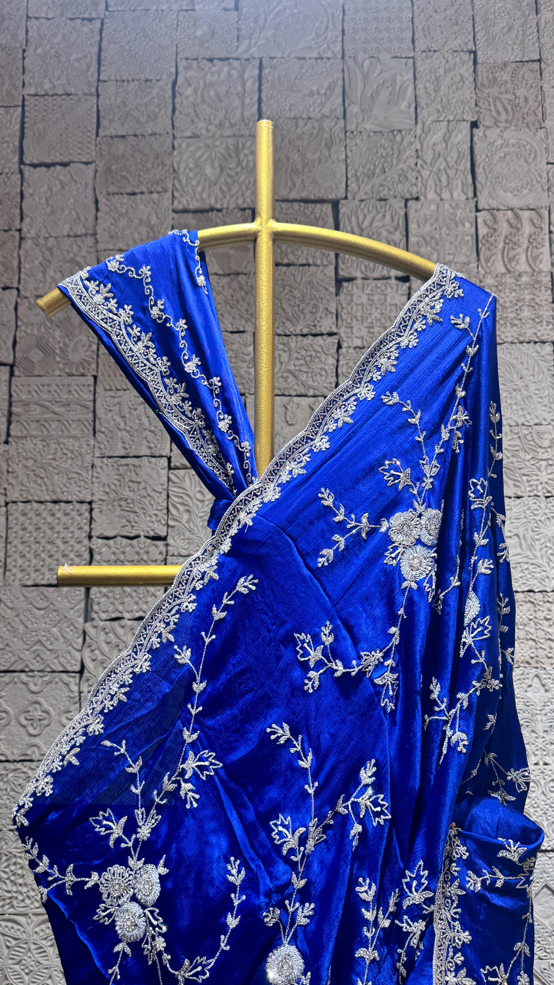 Blue Saree with Silver Floral Embroidery