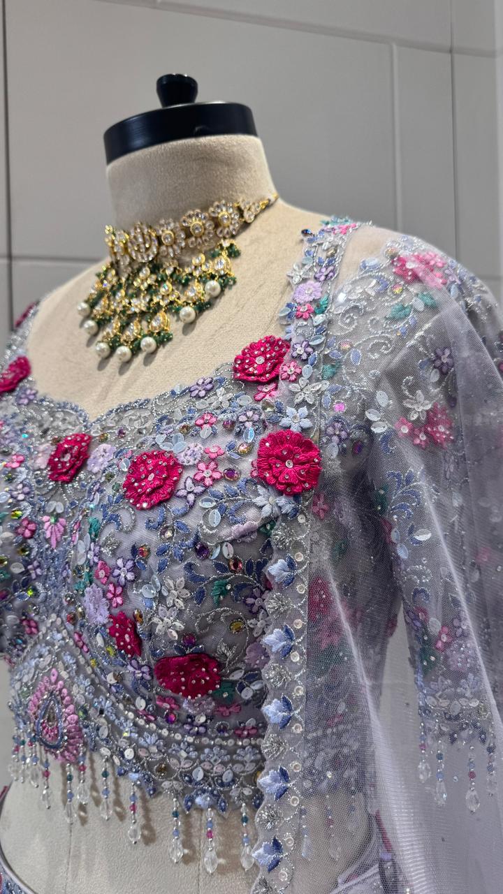 Grey and red flower lehenga
