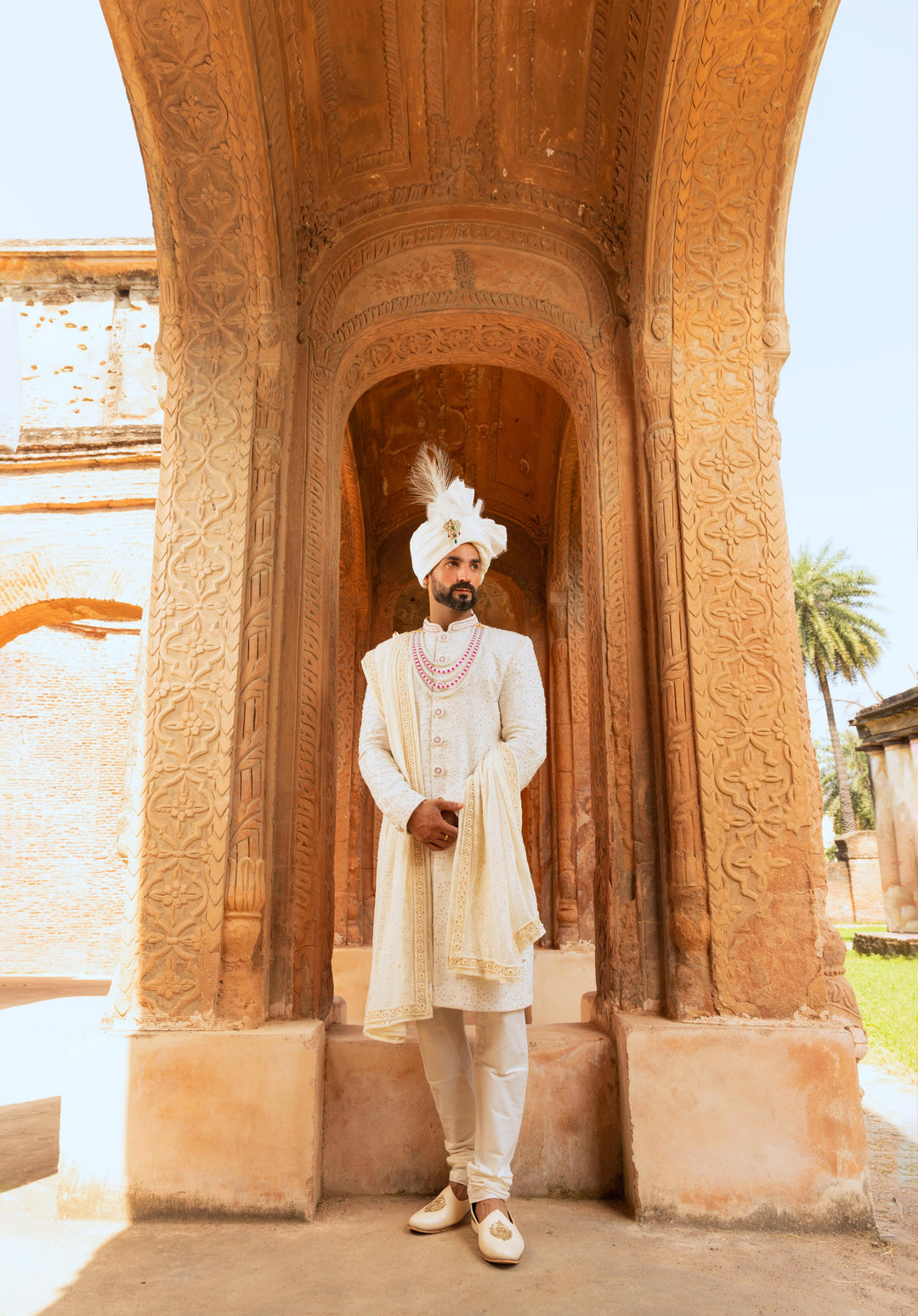 White Georgette Sherwani with Threadwork Artistry and Glistening Beads Accessories Included