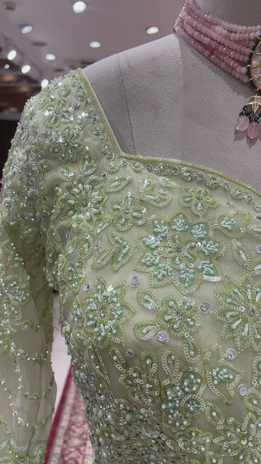 Pista Green colour Lehenga with sequins and pearlwork