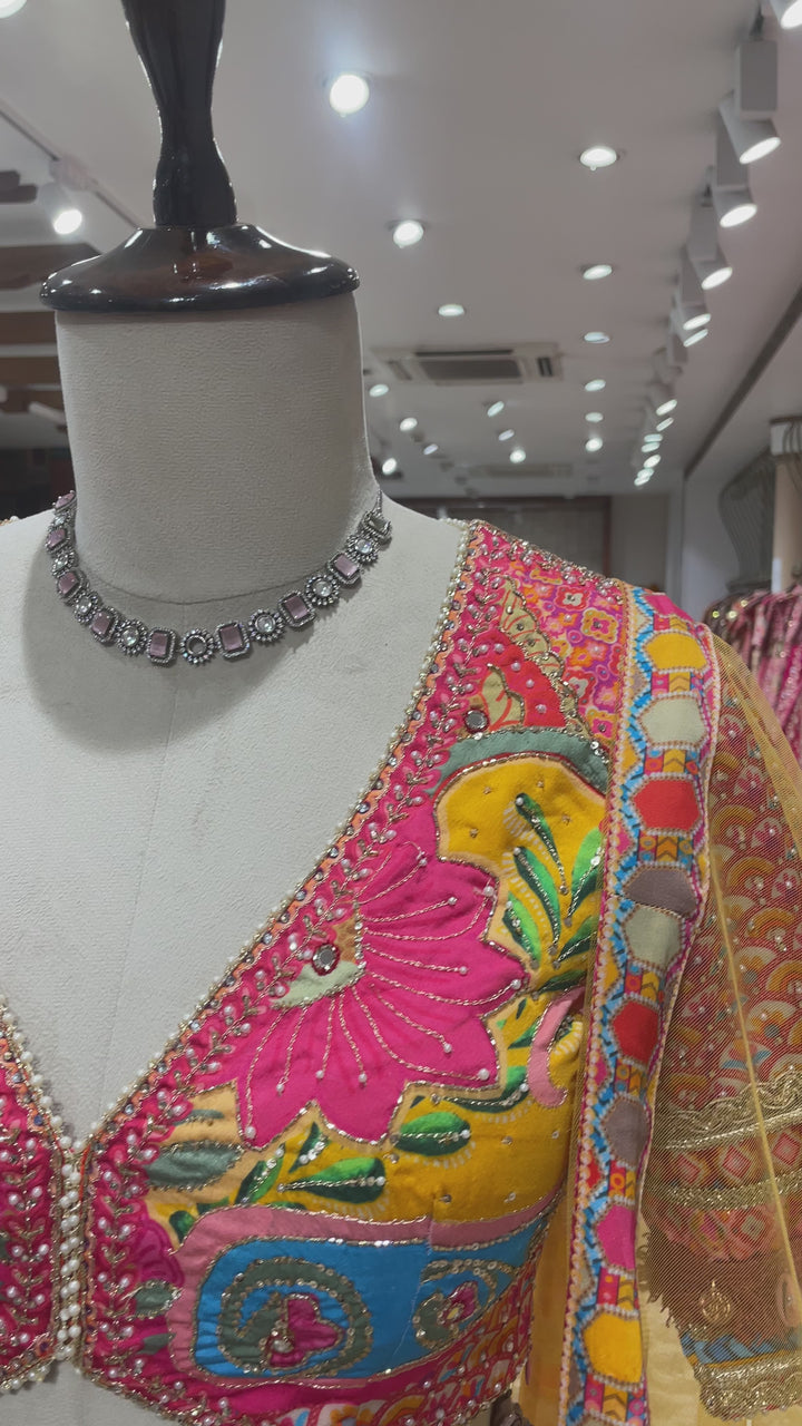 Multicolour silk lehenga with floral prints