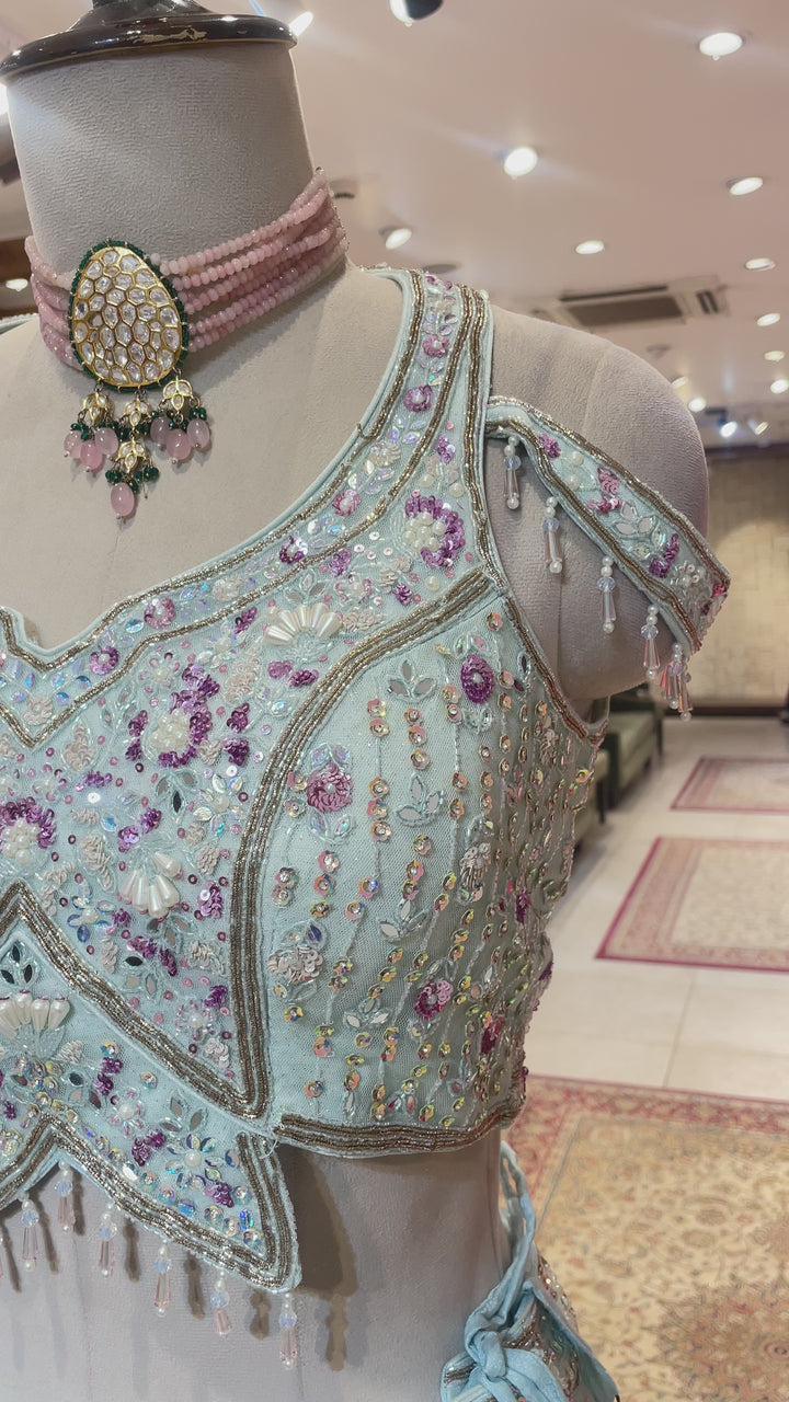 Pastel blue net lehenga with floral motifs