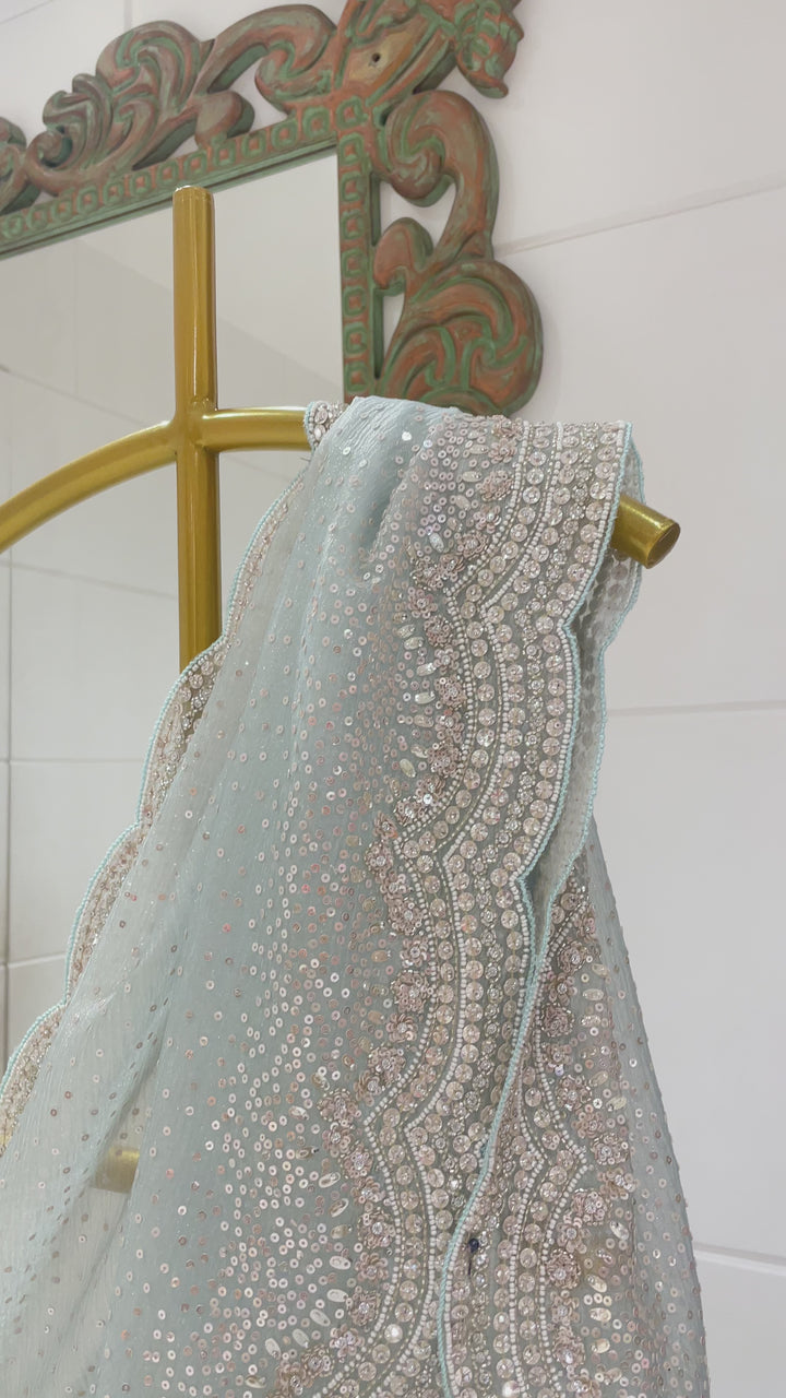 Pastel blue tissue organza saree with scallop border