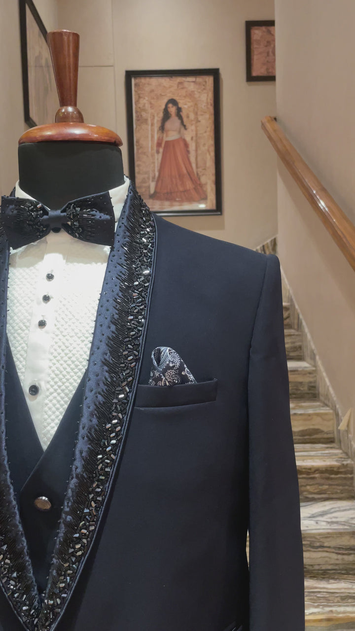 Navy Blue tuxedo with heavy collar embellishment