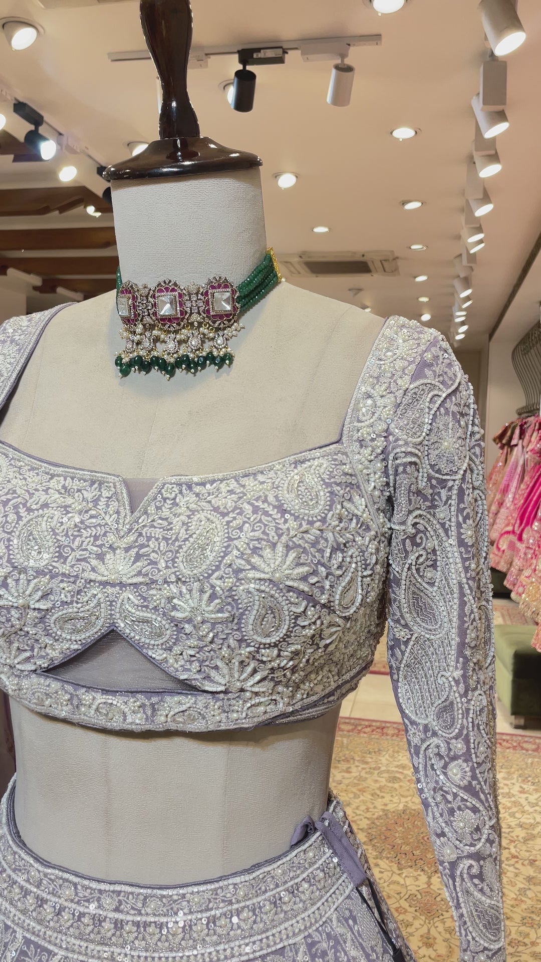 Lavender Georgette chikankari lehenga with paisley buti