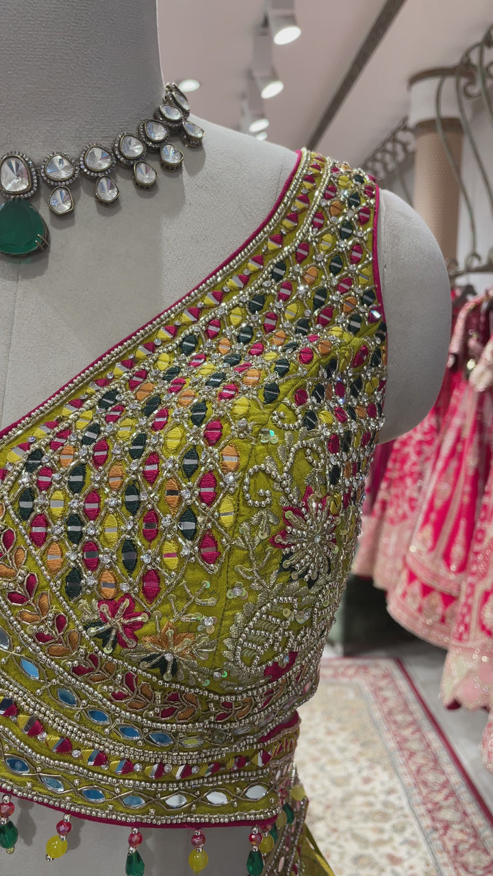 Green Silk Lehenga with thread and mirrorwork