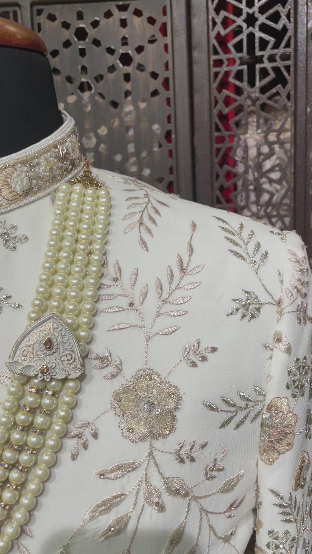 Ivory men’s silk sherwani with gold embroidery