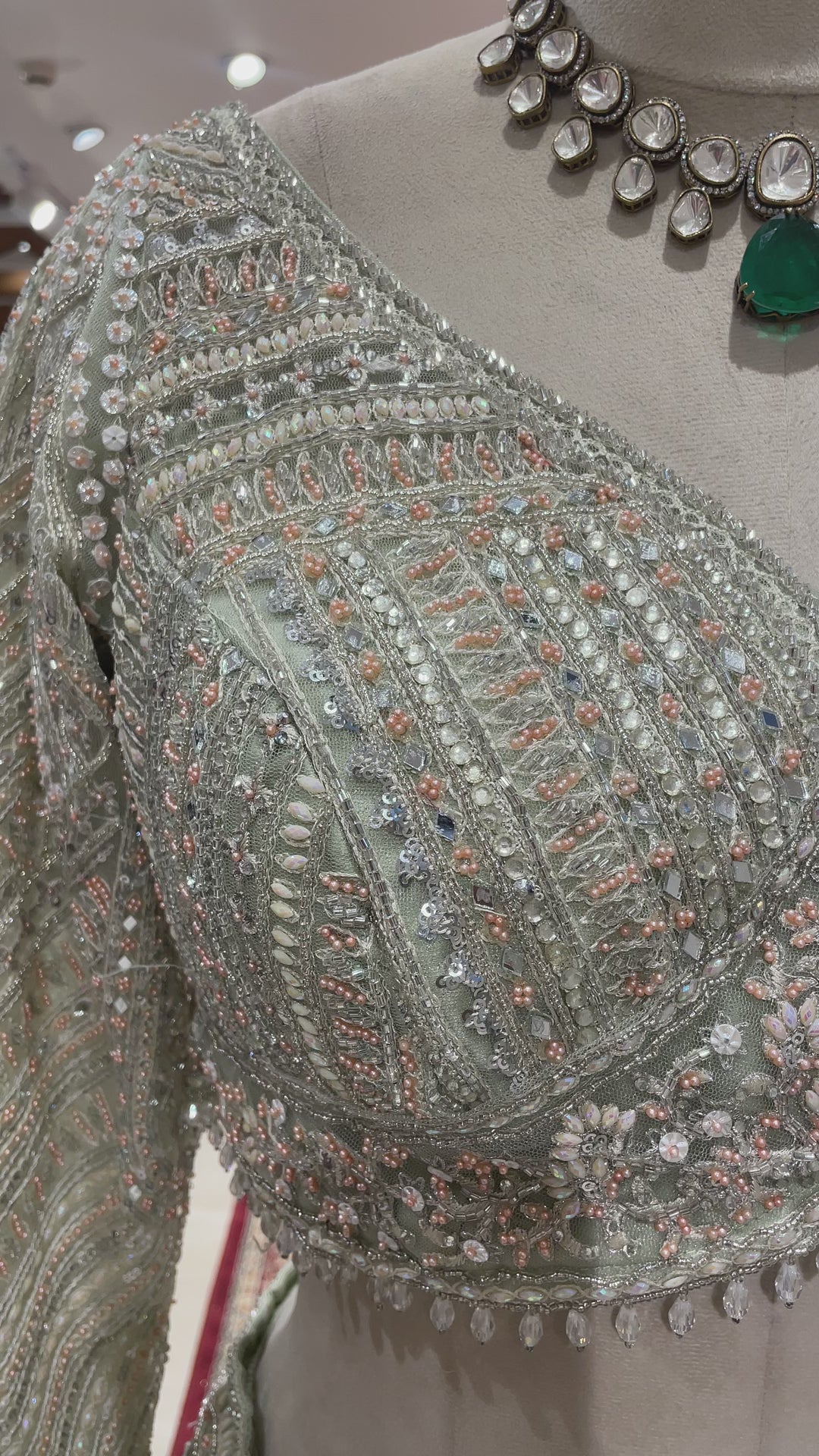 Pastel green colour lehenga with pearl and beadwork