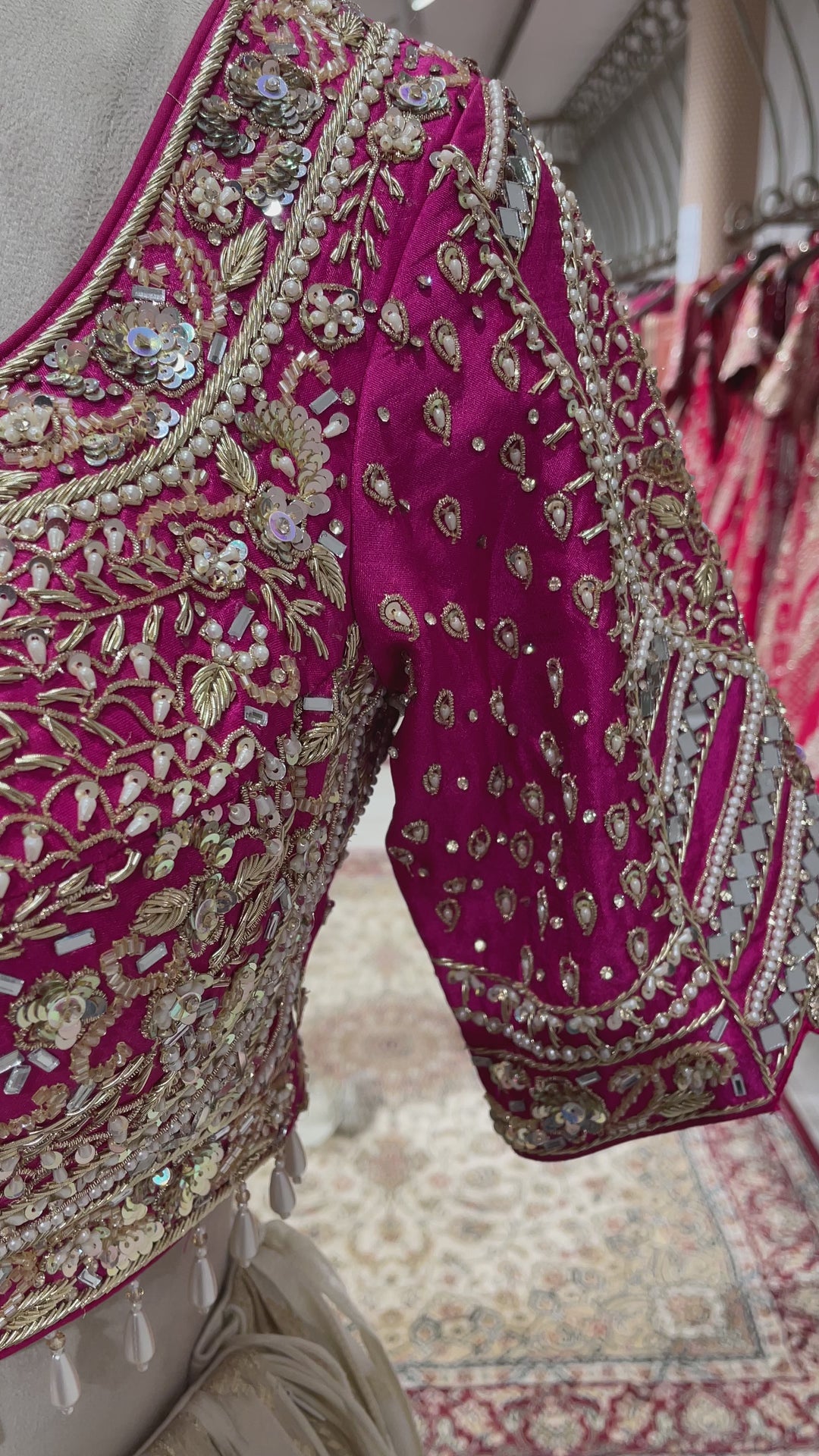 Gold colour lehenga with pink beadwork