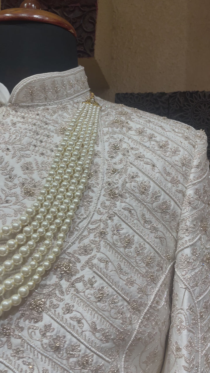 Ivory silk Rajwada sherwani with Anarkali kurta