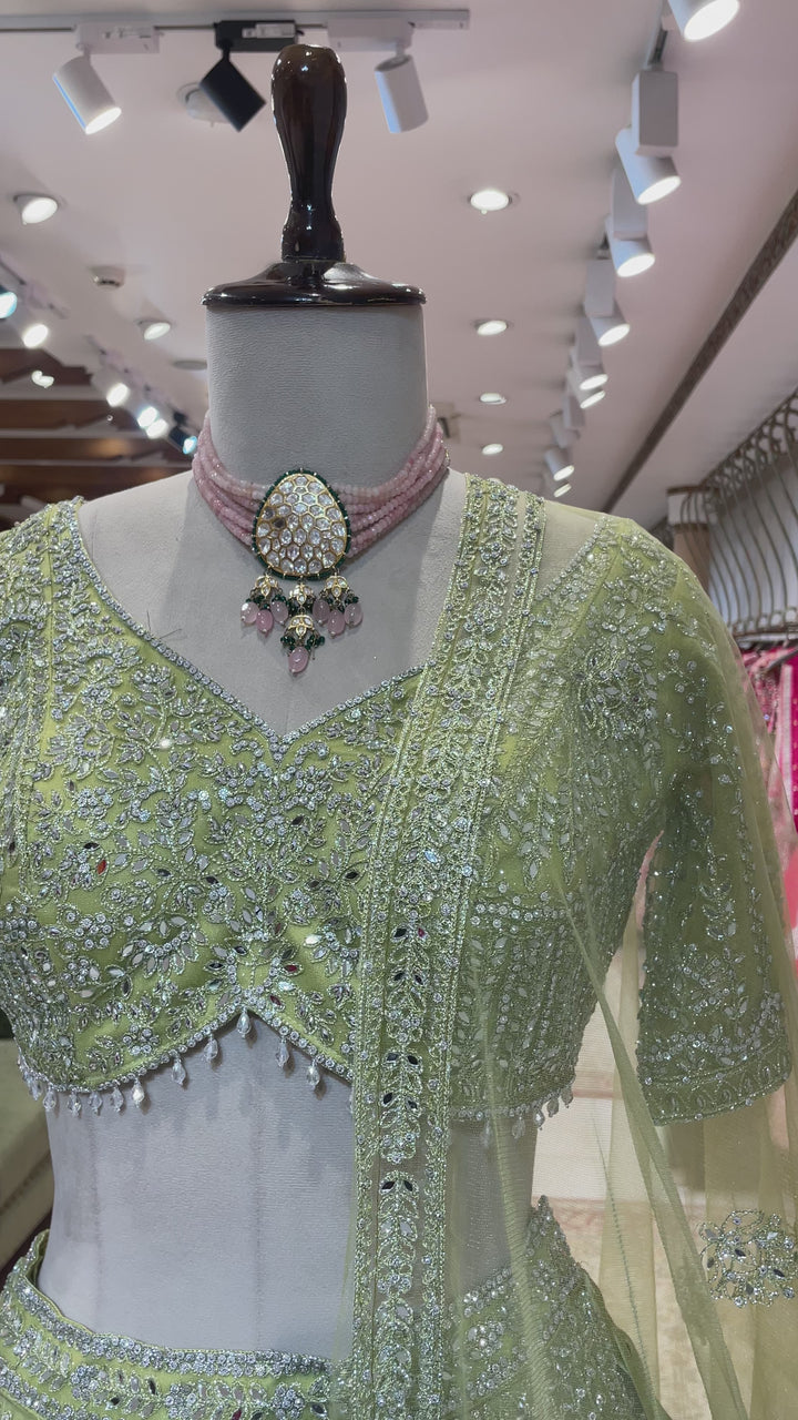 Pastel green net lehenga with silver embellishments