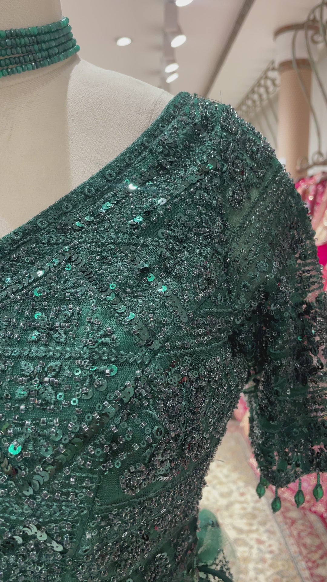 Dark Green sequence work Lehenga