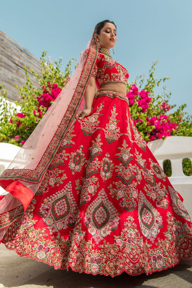 A Surreal Marwari Bride In Red And Olive Green Lehenga