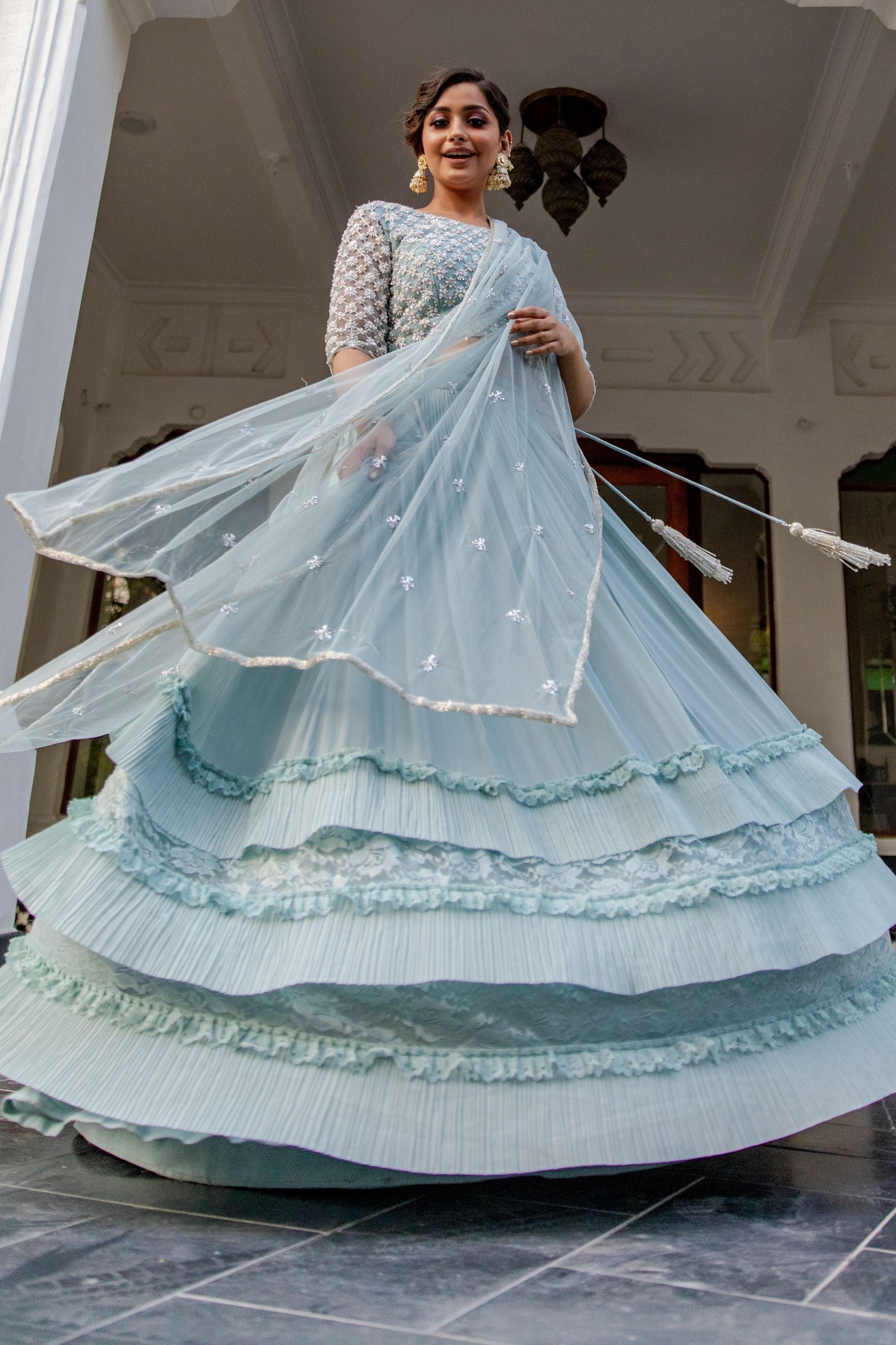 Sky blue soft net embroidered wedding lehenga choli | Indian bridesmaid  dresses, Party wear lehenga, Net lehenga